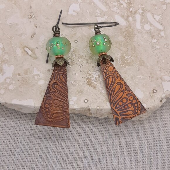 Embossed Copper Butterfly Wing Lampwork Boho Earrings - Picture 2 of 5